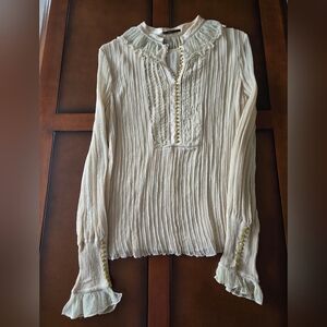Elie Tahari Light Beige Silk Blouse with Tiny Buttons And Ruffles